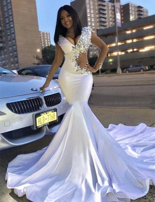 Elegant V-Neck Lace Prom Dresses Rhinestones Mermaid Long Evening Gowns_3