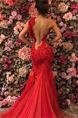 Chic One Shoulder Appliques Tulle Beading Mermaid Floor-Length Exclusive Prom Dresses UK | New Styles_1