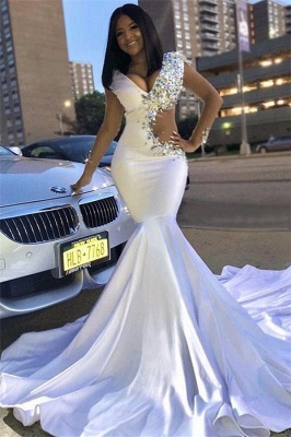 Elegant V-Neck Lace Prom Dresses Rhinestones Mermaid Long Evening Gowns_1