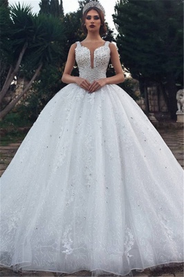 Stylish Ball Gown Straps Rhinestones Wedding Dresses Sleeveless Appliques V-Neck | Bridal Gowns On Sale_1