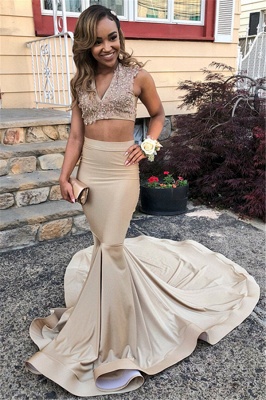 Two Pieces V-Neck Sleeveless Prom Dresses Mermaid Formal Wears With Appliques_1