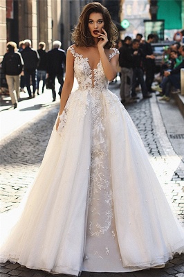 Glamorous Ball Gown Tulle Cap-Sleeves V-Neck Appliques Wedding Dresses | Bridal Gowns On Sale_1