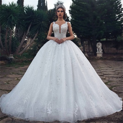 Stylish Ball Gown Straps Rhinestones Wedding Dresses Sleeveless Appliques V-Neck | Bridal Gowns On Sale_3