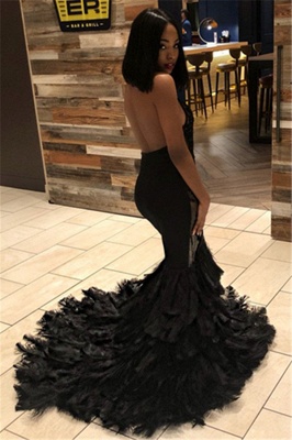Elegant Unique Black Mermaid Halter Sleeveless Open Back Applique Exclusive Prom Dresses UK | New Styles_2