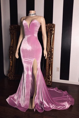 Pink Velvet Strapless Prom Dresses | Elegant Side Slit Trumpet Long Evening Gowns | Suzhou UK Online Shop_1