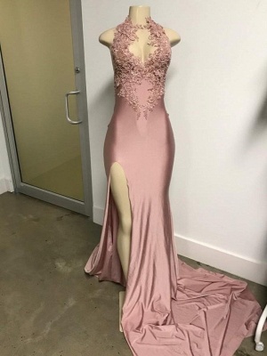 Lovely Pink SleevelessMermaid Prom Dresses Long With Front Slit_2
