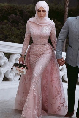 Pink Detachable Sleeved Prom Dresses |  Appliques Lace Trumpet Evening Gowns | Suzhou UK Online Shop_3