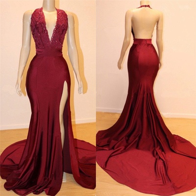Flirty Sexy Backless Open Back Burgundy Fitted Exclusive Prom Dresses UK with Slit_2