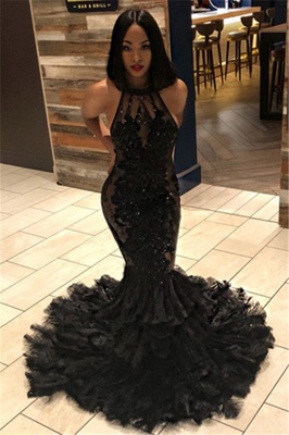 Elegant Unique Black Mermaid Halter Sleeveless Open Back Applique Exclusive Prom Dresses UK | New Styles_1