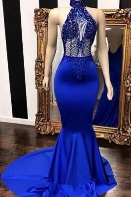Royal Blue Halter Summer Sleeveless Lace Beading Trumpet Long Prom Dresses | Suzhou UK Online Shop_1