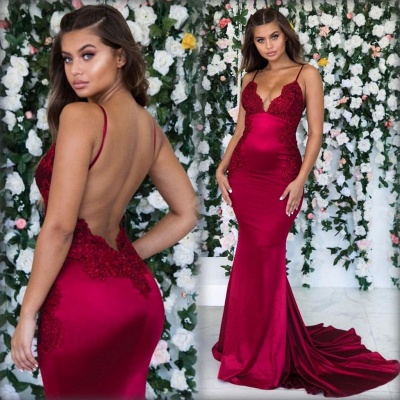 Wine Red Summer Sleeveless Trumpet Trendy Backless Prom Dresses |  Spaghetti-Straps Lace Appliques Evening Gowns | Suzhou UK Online Shop_4