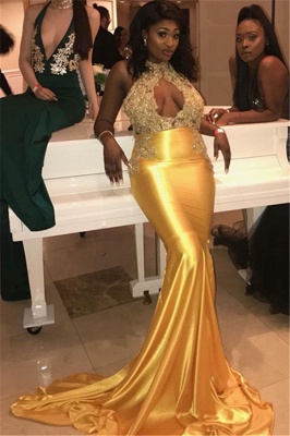 Glamour licou appliques col haut robes de bal bon marché | 2019 Robes de soirée sexy sirène en forme de trou de serrure_2