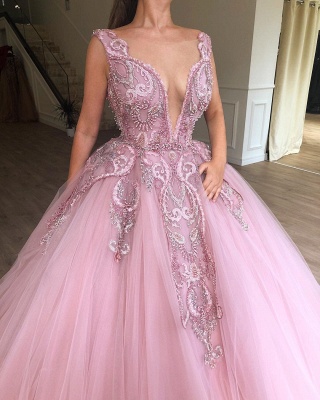 Beautiful Pink Puffy Deep V-Neck Sleeveless Applique Evening Dresses Online | New Styles_2