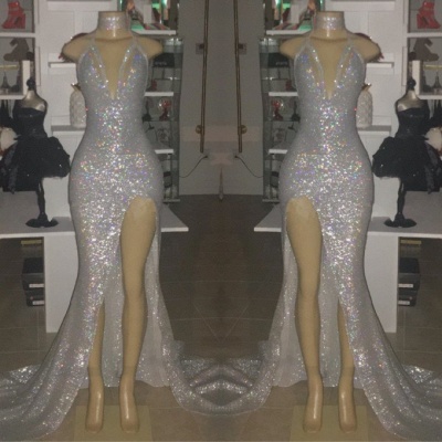 Sexy Low Cut Sequins Trumpet Front Slit Floor Length Prom Dresses | Suzhou UK Online Shop_3