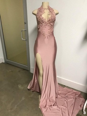 Lovely Pink SleevelessMermaid Prom Dresses Long With Front Slit_3