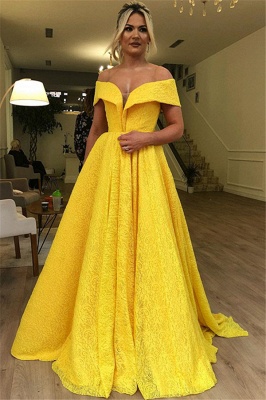 Gorgeous Fitted Off The Shoulder Lace Yellow Evening Dresses Online | New Styles_1