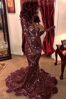 Beautiful Deep V-Neck Sleeved Shining Gold Appliques Mermaid Exclusive Prom Dresses UK | New Styles_1