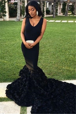Black Summer Sleeveless Trumpet Prom Dresses | Sexy Straps Sexy Low Cut Flowers Evening Gowns | Suzhou UK Online Shop_1