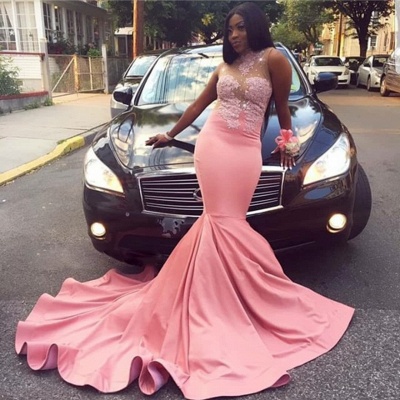 Pink Appliques Sheer Quality Tulle Trumpet Prom Dresses |  High-Neck Summer Sleeveless Evening Gowns | Suzhou UK Online Shop_3