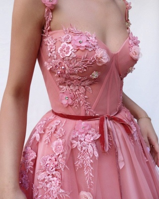 Pink Gorgeous Fitted Spaghetti Tulle Flower Applique Exclusive Prom Dresses UK | New Styles_3