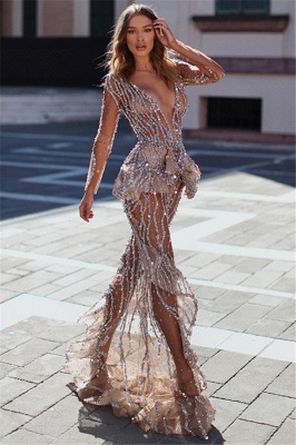 Flirty Mermaid V-Neck Sleeved Sheer Tulle Rinestone Applique Exclusive Prom Dresses UK | New Styles_1