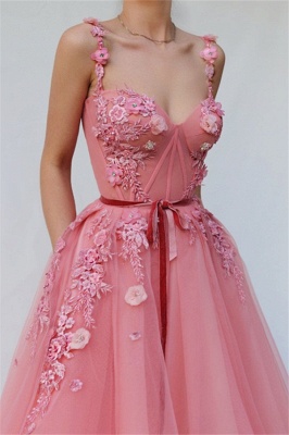 Pink Gorgeous Fitted Spaghetti Tulle Flower Applique Exclusive Prom Dresses UK | New Styles_2