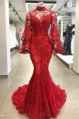 Gorgeous Ruby High Neck Sheer Tulle Sleeved Beading Mermaid Exclusive Prom Dresses UK | New Styles_1