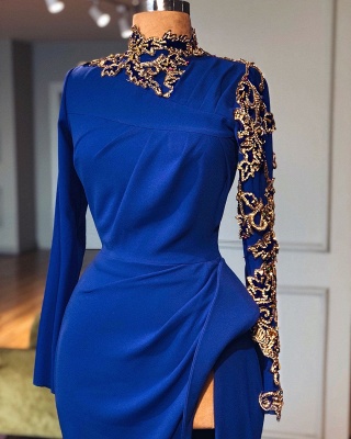 Royal Blue High Neck Side Slit Trumpet Prom Dresses | Elegant Long Sleeves Appliques Evening Gowns | Suzhou UK Online Shop_2