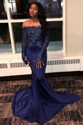 Navy Blue Appliques Long Summer Sleeveless Prom Dresses | Sexy Off The Shoulder Trumpet Evening Gowns | Suzhou UK Online Shop_2