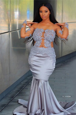 Chic Off The Shoulder Long Sleeves Trumpet Prom Dresses | Sheer Quality Tulle Appliques Evening Gowns | Suzhou UK Online Shop_1