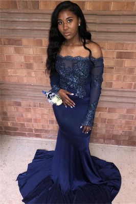 Navy Blue Appliques Long Summer Sleeveless Prom Dresses | Sexy Off The Shoulder Trumpet Evening Gowns | Suzhou UK Online Shop_1