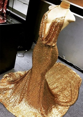 Gold Sparkly Sequined Deep Flow Neck Prom Dress | Halter Sexy Low Cut Trumpet Evening Dress | Suzhou UK Online Shop_1