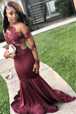 Wine Red Long Sleeves Open Back Trumpet Prom Dresses |  See-Through Appliques Evening Gowns | Suzhou UK Online Shop_2