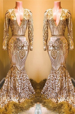 Stunning Sequins Long Sleeves Sexy Low Cut Trumpet Prom Dresses | Suzhou UK Online Shop_1