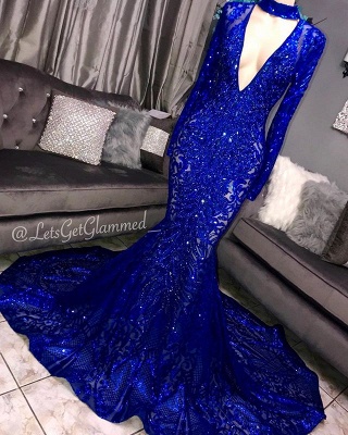 Beautiful Mermaid Sleeved Prom Dress Deep V-neck Party Gowns With Lace Applique_2