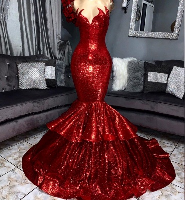 Sparkly Hot Ruby Mermaid Prom Dress Ruffles Long Evening Party Gowns_3