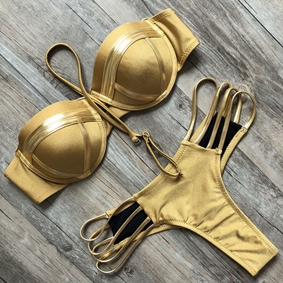 Shiny Black Bandage Bikini set with Shiny Gold Details_11