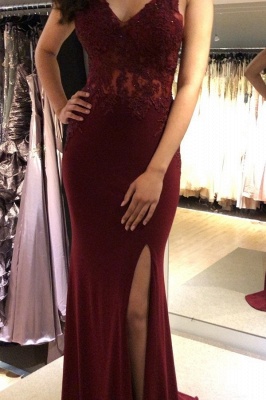 Burgundy Lace Appliques Sleeveless Open Back Prom Dresses | Sexy Mermaid Side Slit Evening Dresses with Beads Dresses_3