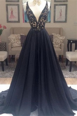 Black Lace V-Neck Sleeveless Prom Dresses | Open Back Evening Dresses with Beads_2
