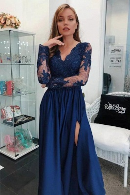 Lace Appliques V-Neck Prom Dresses | Side slit Sleeveless Evening Dresses with Beads_2