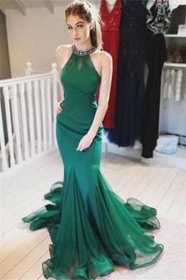 Green Halter Crystal Ruffles Prom Dresses Mermaid Sleeveless Tulle Sexy Evening Dresses_1