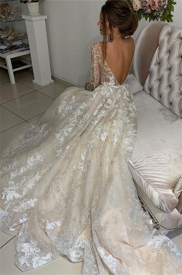 Fashion Lace Appliques V-Neck Wedding Dresses | Sheer Long Sleeves Backless Floral Bridal Gowns_3
