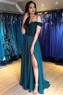 Glamorous Off-the-Shoulder Lace Appliques Prom Dresses | Side Slit Sleeveless Evening Dresses with Beads_3
