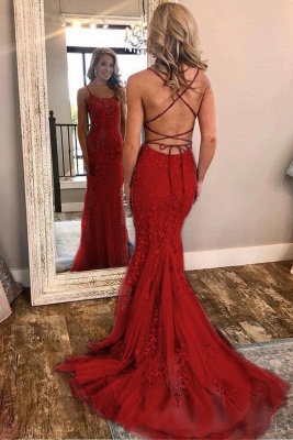 Sheer Lace Appliques Spaghetti-Strap Prom Dresses |  Sexy Mermaid Sleeveless Evening Dresses_2