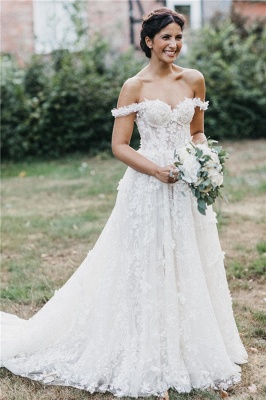 Sexy Flowers Off-the-Shoulder Wedding Dresses | Appliques Sheer Sleeveless Floral Bridal Gowns_1