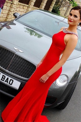 Beads Open Back Red Prom Dresses | Halter Simple Sexy Mermaid Evening Dresses_2
