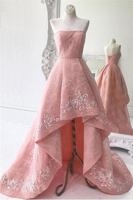 Glamorous Lace Strapless Lace Appliques Prom Dresses |Ruffles Hi-Lo Sleeveless Evening Dresses_1