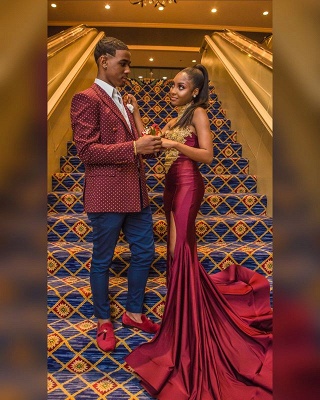 Sexy Wine Red High-Neck Appliques Trumpet Prom Dress | Suzhou UK Online Shop_3
