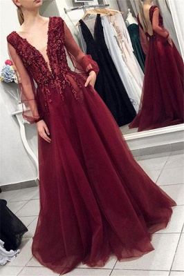 Burgundy V-Neck Long Sleeves Applique Prom Dresses Tulle Sexy Evening Dresses with Beads_1