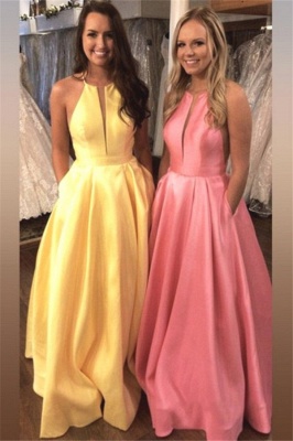 Glamorous Halter Ruffles Prom Dresses Sleeveless Sexy Evening Dresses with Pocket_1